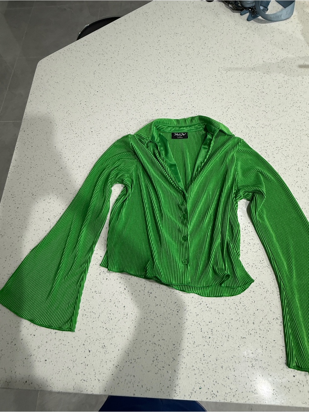 Green Pleated Button-Down Top with Flared Sleeves